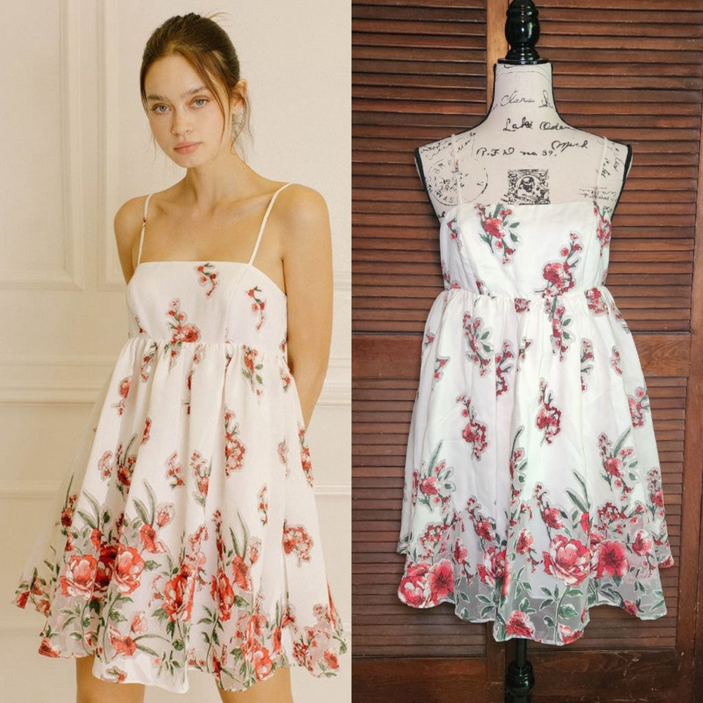 New Storia White Red Floral Print Layered Babydoll Dress Womens Size Medium $195